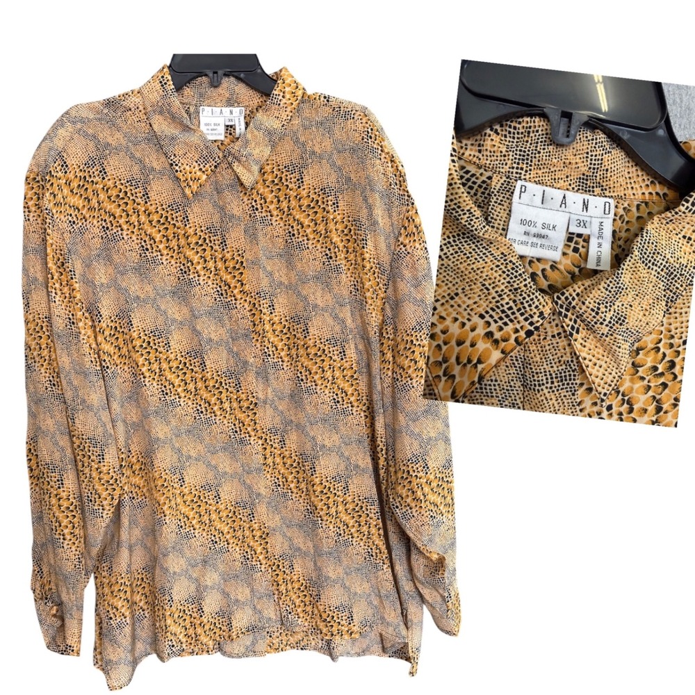 Vintage 100%‎ Silk Piano 3X Womens Tan Snakeskin Animal Print Indie Retro Mod